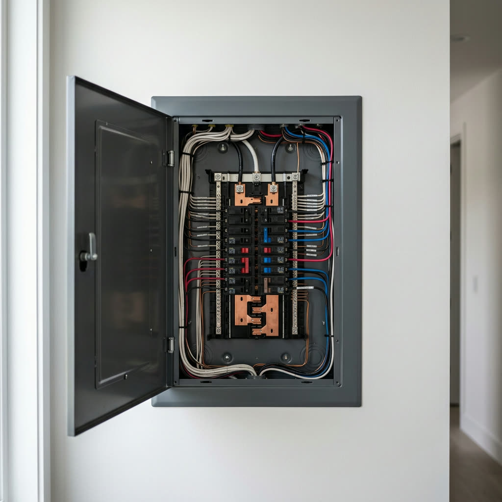 Clean, modern electrical panel installation showcasing premium craftsmanship